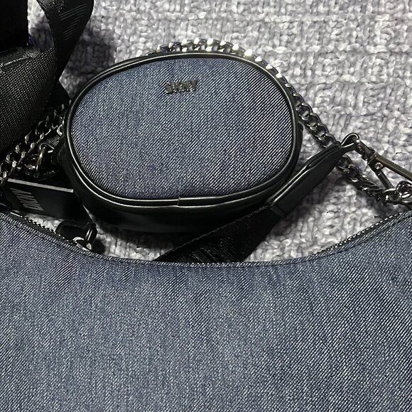 NWT DKNY Denim and Black Crossbody with detachable earbud/coin storage bag - Picture 3 of 10